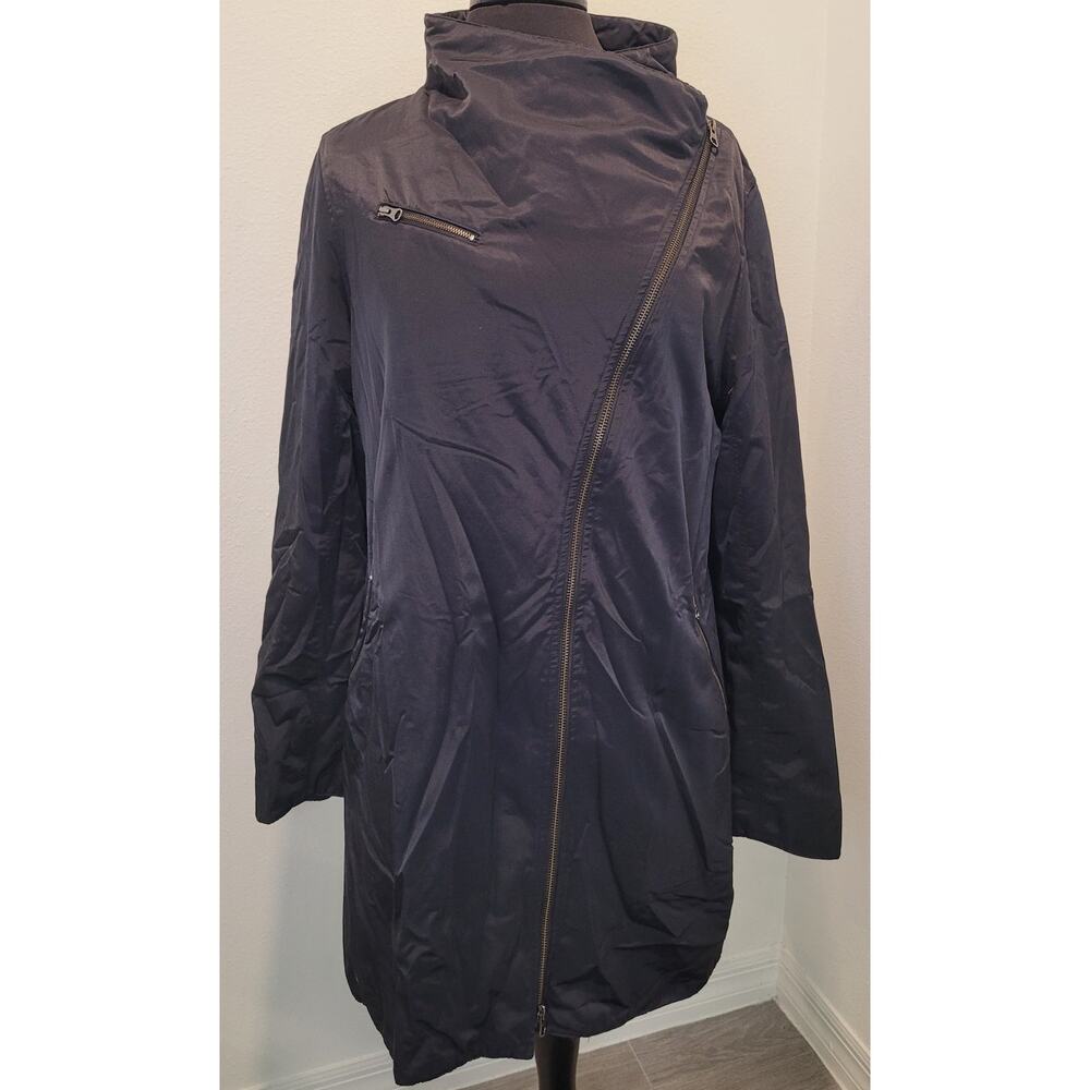 Eileen Fisher Black Moto Coat M Asymmetric Zip Lagenlook Luxe EUC